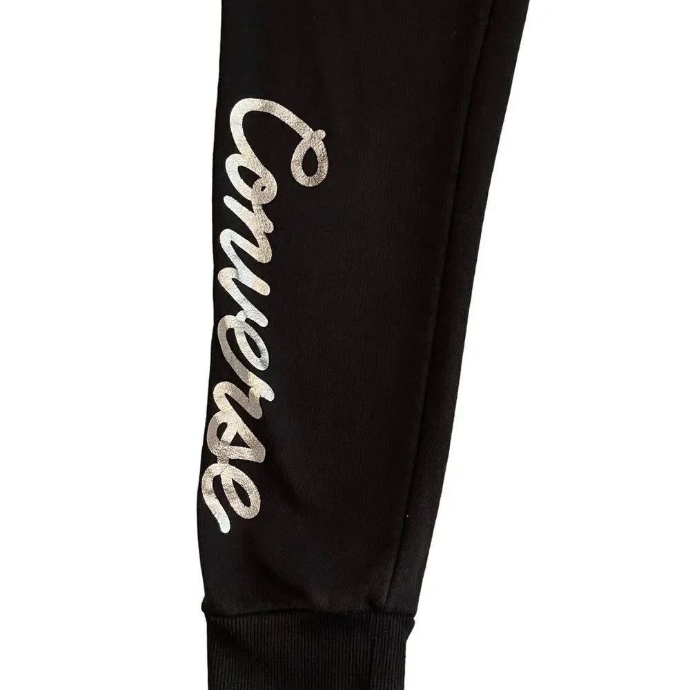 Converse Pants Joggers Girls Youth 12/13 Sweats Black Silver Metallic Graphics